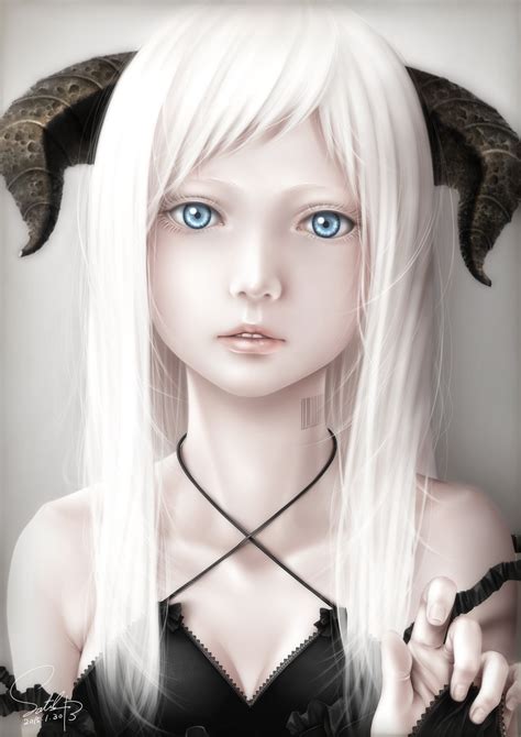 Anime Girl Blue Eyes Horns Long Hair White Hair Wallpaper