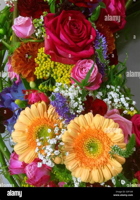 Colorful Flower Bouquet With Red Roses And Daisies Stock Photo Alamy