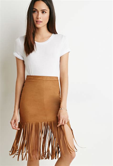 Forever 21 Fringed Faux Suede Skirt In Brown Lyst