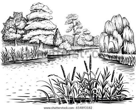River Landscape Trees Water Plants Vector Stock Vector Royalty Free