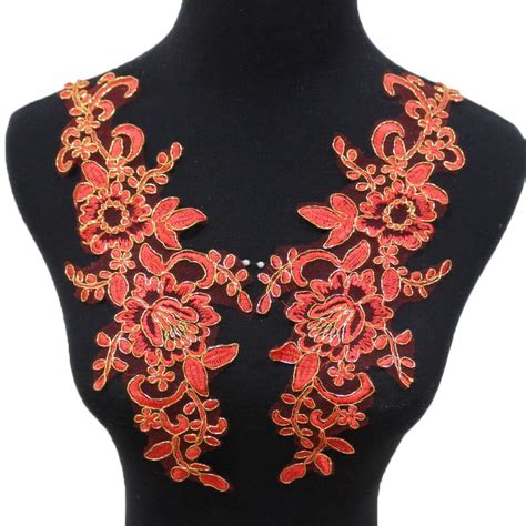 Yackalasi 1 Pairs 3d Floral Appliqued Wedding Lace Dress Gold Trims Sewing Lace Patches Mirror