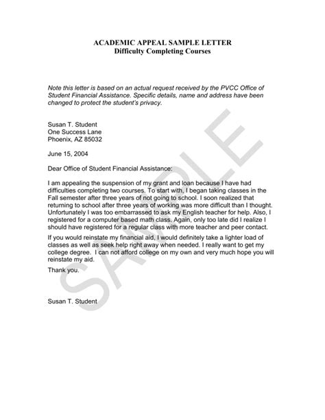 academic appeal sample letter
