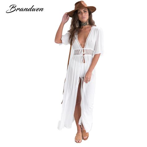 Brandwen 2017 Summer Fashion Hollow Out Elegant White Lace Bohemian Beach Dress High Quality