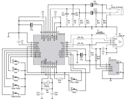 Simple echo circuit, mic mixer with echo schematic diagram, microphone echo circuit diagram, audio echo circuit diagram. PCM2706 USB Sound Card - Circuit Scheme