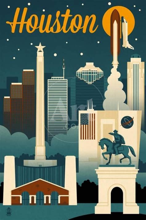 Houston Texas Retro Skyline Art Print By Lantern Press In 2020