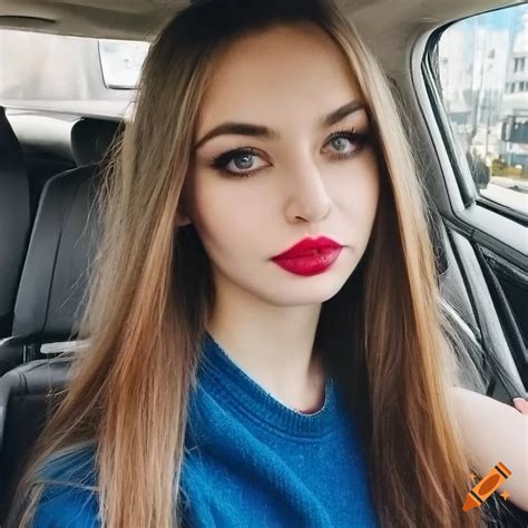 russian girl 25 very long straight blond hair green eyes blue sweater black pants cherry