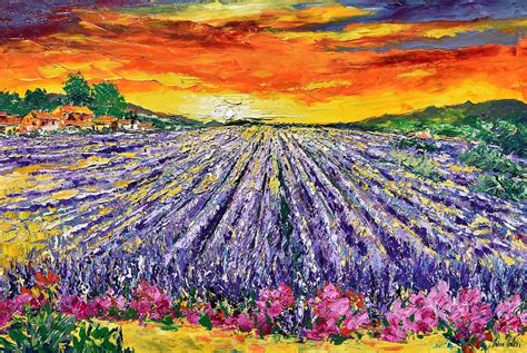 Lavender Field At Sunset Painting By Marco Valeri