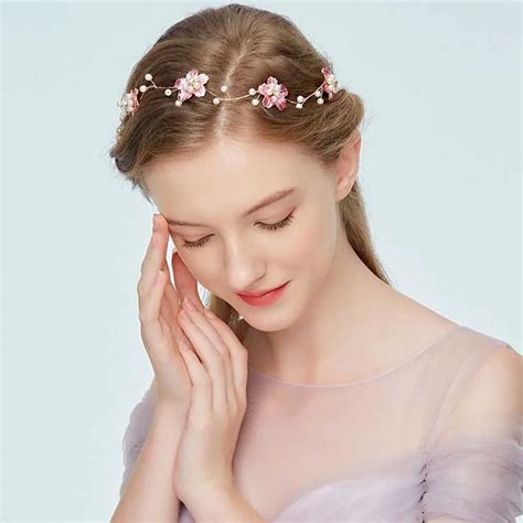 Romantic Pink Hair Band Simulated Pearl Vine Hair Jewelry Bridal