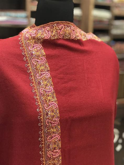 Red Pure Pashmina Shawl With Neem Daur Sozni Hand Embroidery Angad