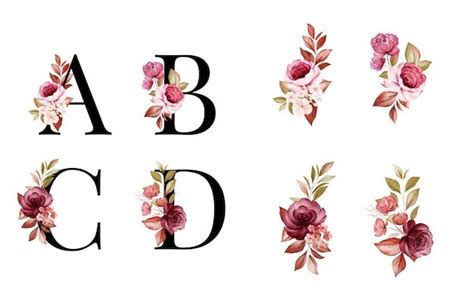 Conjunto De Alfabeto Floral Em Aquarela De A B C D Com Flores