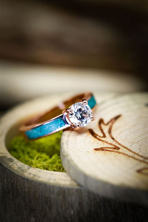 Eota Round Moissanite Engagement Ring With Turquoise Inlays Fully