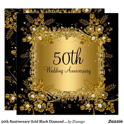 50th Anniversary Gold Black Diamond Floral Swirl Invitation Zazzle