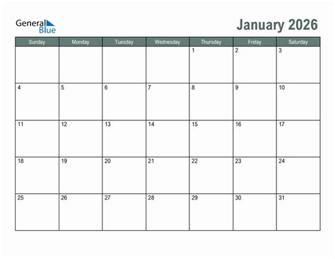 Blank January 2026 Monthly Calendar Template