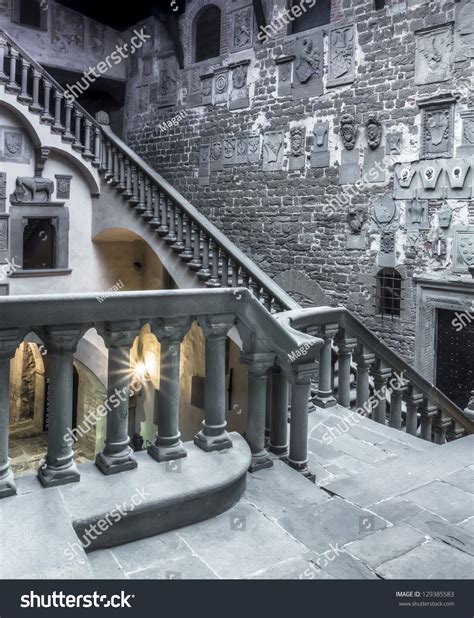Interior Great Stairs Medieval Castle Italy Stock Photo 129385583