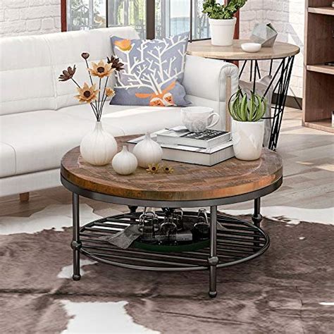 P Purlove Round Coffee Table Rustic Style Living Room Table Home Table