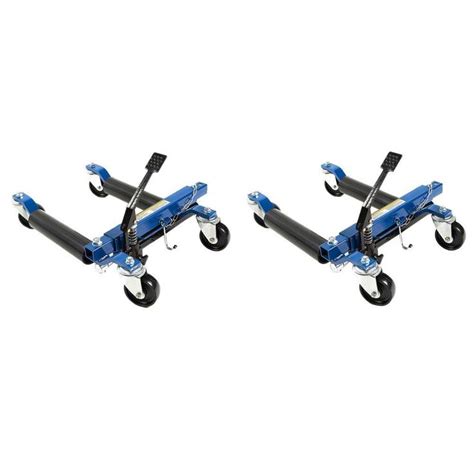 Two Blue Dollys With Black Wheels On Each Side And One Is Attached To