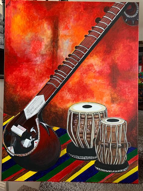 Acrylic Painting Of Indian Musical Instruments Sitar And Tabla Etsy