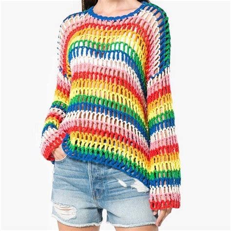 Fashion Women Colorful Striped Rainbow Sweater Summer Autumn Knitted