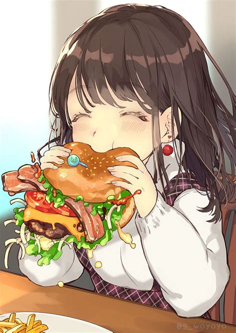 A Girl Eating A Giant Hamburger At A Table With French Fries In Front
