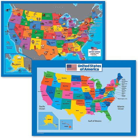2 Pack Usa Map Poster Illustrated Short And Usa Map For Kids Chart