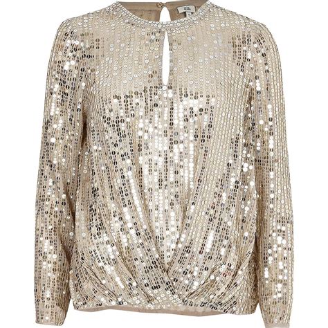 Gold Sequin Tuck Front Long Sleeve Top Blouses Tops Women Tops Long Sleeve Tops Long