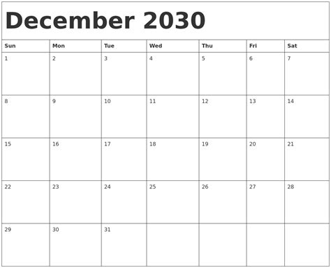 December 2030 Calendar Template