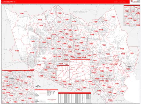 Harris County Tx Zip Code Wall Map Red Line Style By Marketmaps Mapsales
