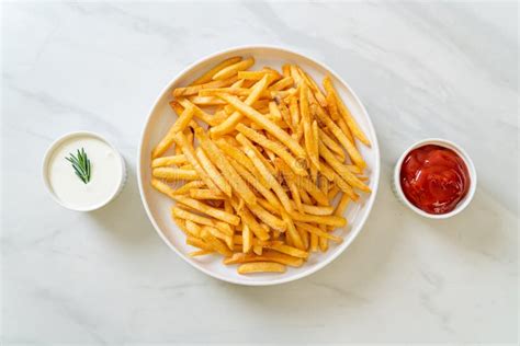 French Fries With Sour Cream And Ketchup Stock Photo Image Of