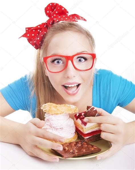 Funny Woman Eating Dessert Stock Photo Ninamalyna