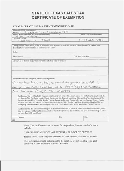 Sample Certificate: Texas Resale Certificate Form