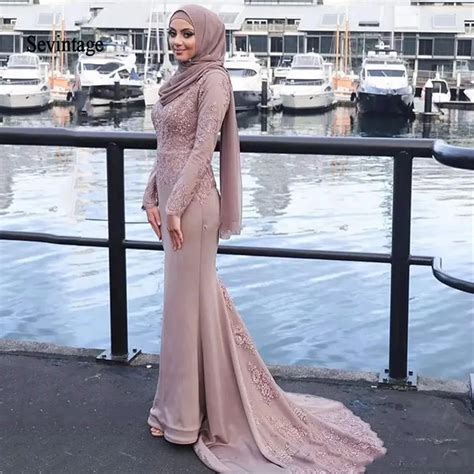 sevintage mermaid muslim evening dresses arabic long sleeves lace appliques satin prom formal