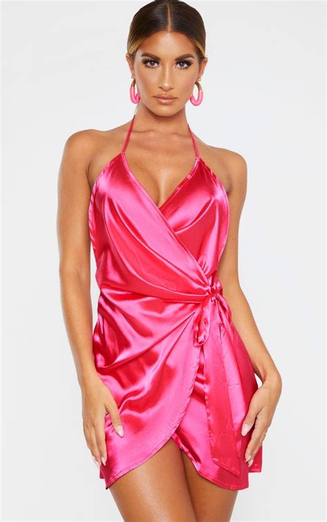 Hot Pink Satin Halterneck Wrap Bodycon Dress With Images Pink Satin