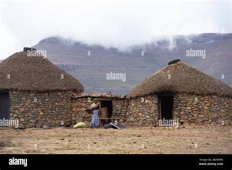 Woman Outside Her Hut Basotho Village Sani Top Lesotho Stock Photo