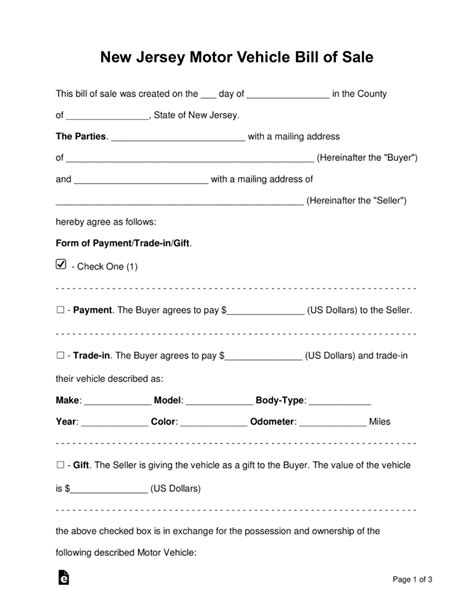 Free New Jersey Motor Vehicle Bill Of Sale Form Word Pdf Eforms