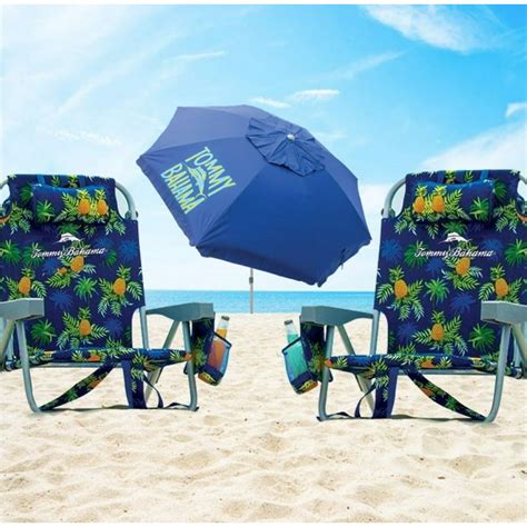 2 Tommy Bahama 5 Position Pineapple Print Beach Chairs With 8 Ft Blue