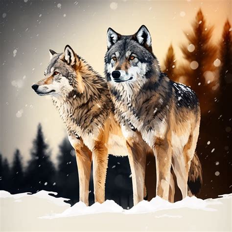 Wolf Couple On The Snow Background Wolves Male And Female Walking