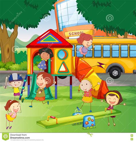 Children Playing In The School Playground Stock Vector Illustration