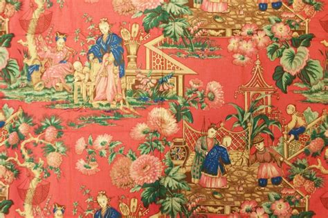 Vintage Rose Pink Coral Chinoiserie Glazed Chintz Fabric