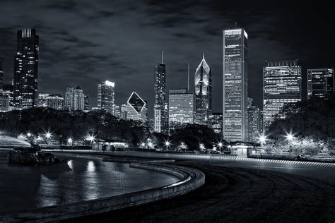 Chicago Skyline Black White Night Photography Photograph By Anna Floridia
