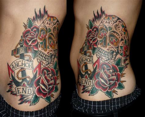 Anchor Sugar Skull Red Roses Tattoo On Waist