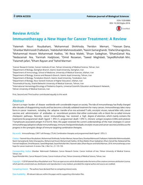 Pdf Immunotherapy A New Hope For Cancer Treatment A Review