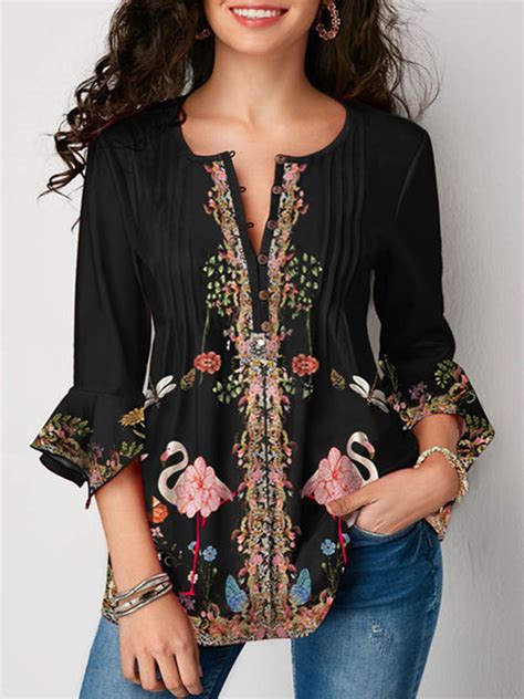 Printed Pleated Ruffle Sleeve Blouses Black 5xl In 2021 Womens Trendy Tops Trendy Tops For