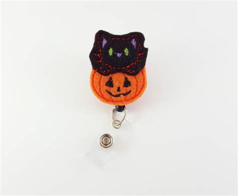 Pumpkin Black Cat Felt Badge Reel Halloween Badge Holder Etsy Nurse