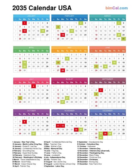 2035 Calendar Usa Bimcal