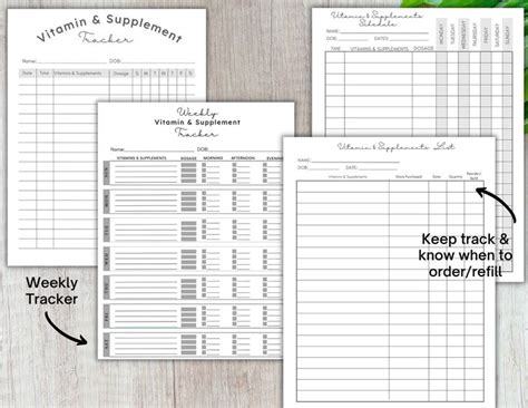 Vitamin And Supplement Printable Simple Tracker Chart Pages In