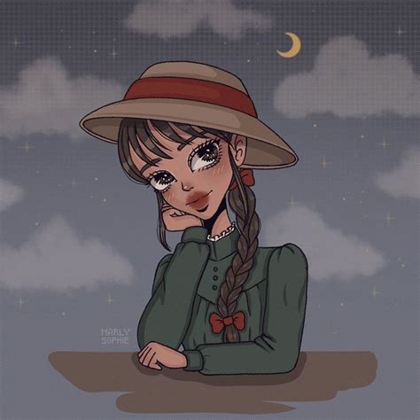 A Drawing Of A Girl Wearing A Hat And Sitting On The Ground With Her