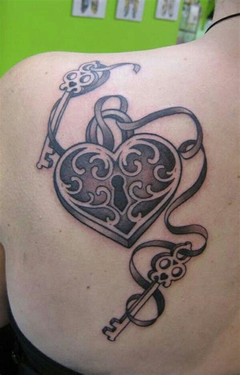 Fancy Heart Shaped Lock With Two Keys And Ribbon Key Tattoo Designs