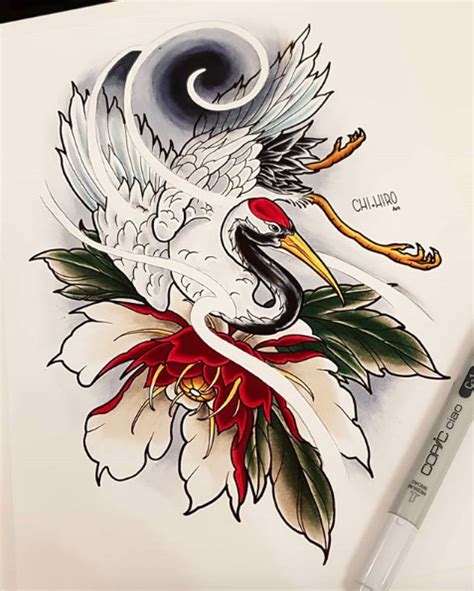 Neo Japanese Style Crane Chrysanthemum Wind Tattoo Design Piece Done