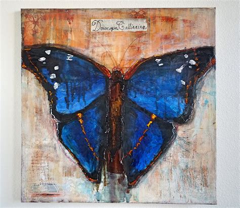 Original Mixed Media Blue Butterfly Painting On Canvas Etsy