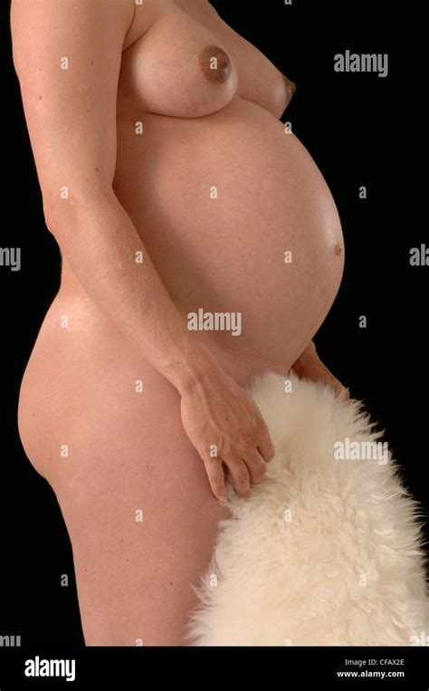 Pregnant Belly 9 Th Month Pregnancy Woman Nude Fur Stock Photo